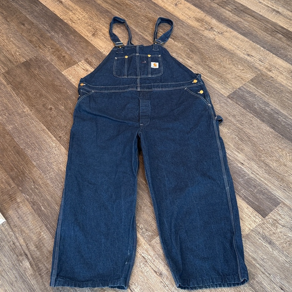 Vintage 90s Carhartt Blue Denim Cotton Bib Overalls Made in USA Y2K Size 48x30